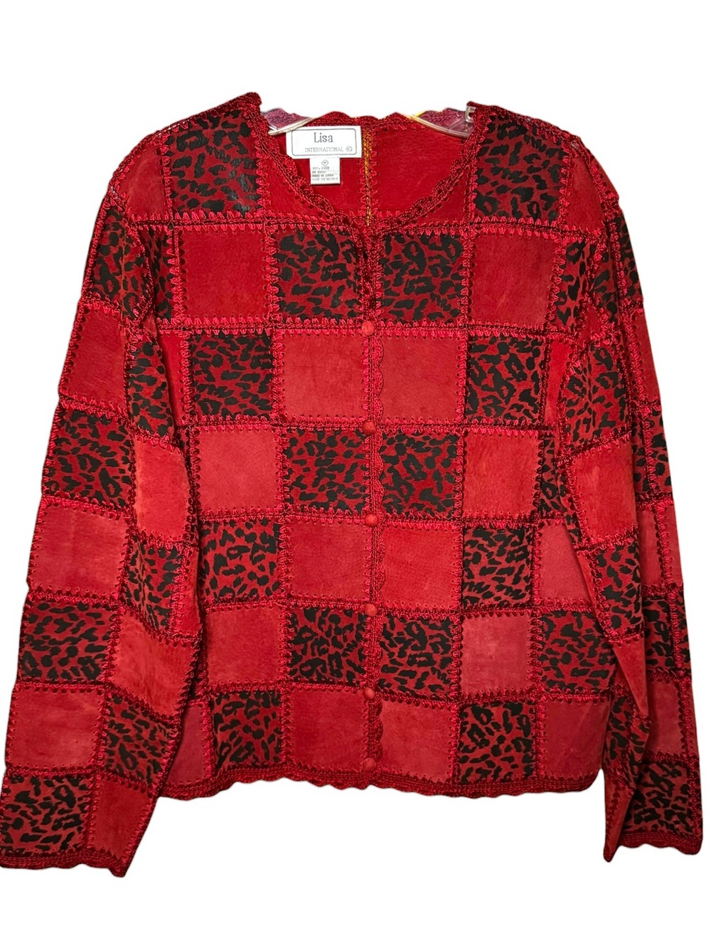 Lisa International Leopard Red Print Patchwork Vintage Suede Fall Jacket